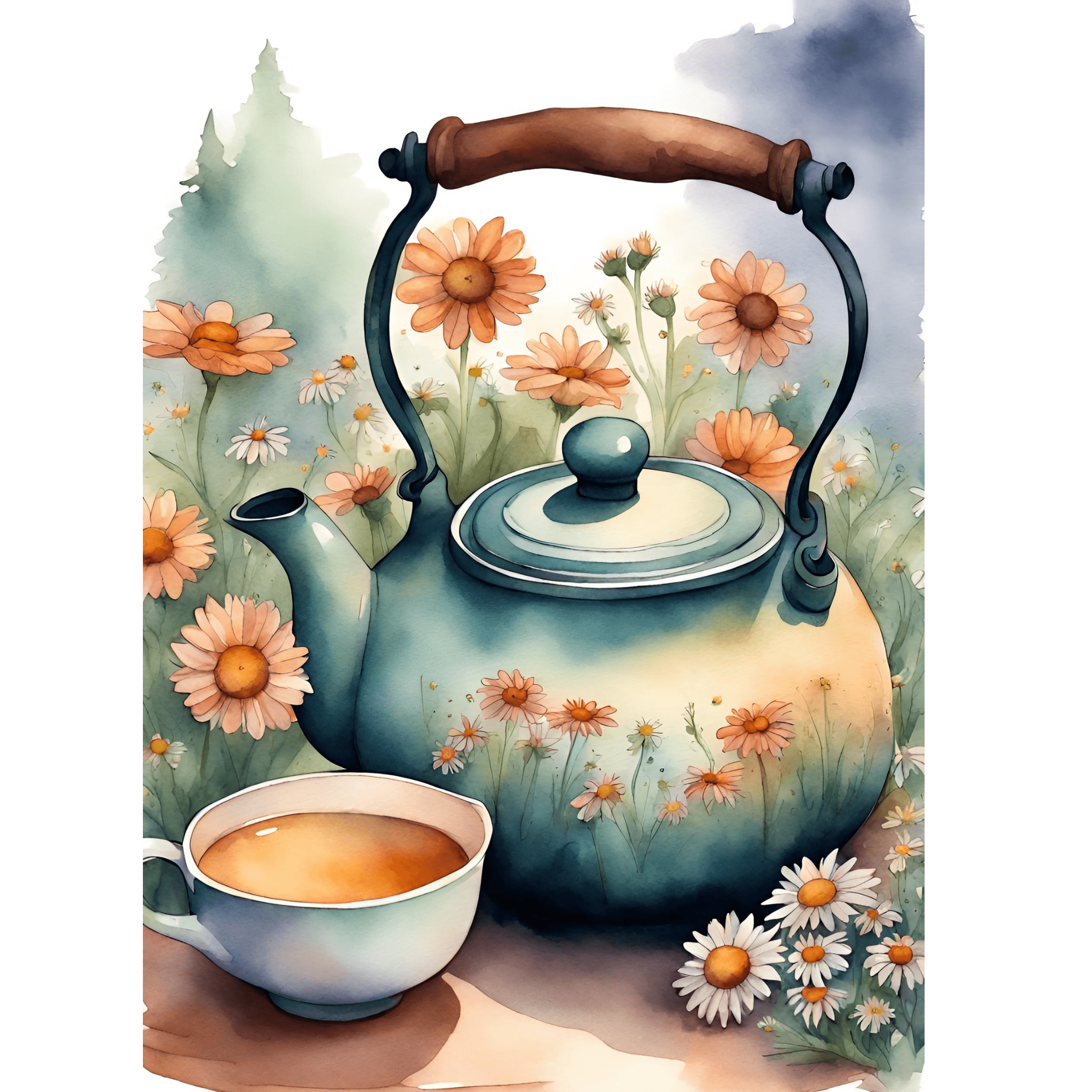 BLUE TEAPOT WITH HANDLE & TEACUP ART PRINT - PLUME & WILLOW