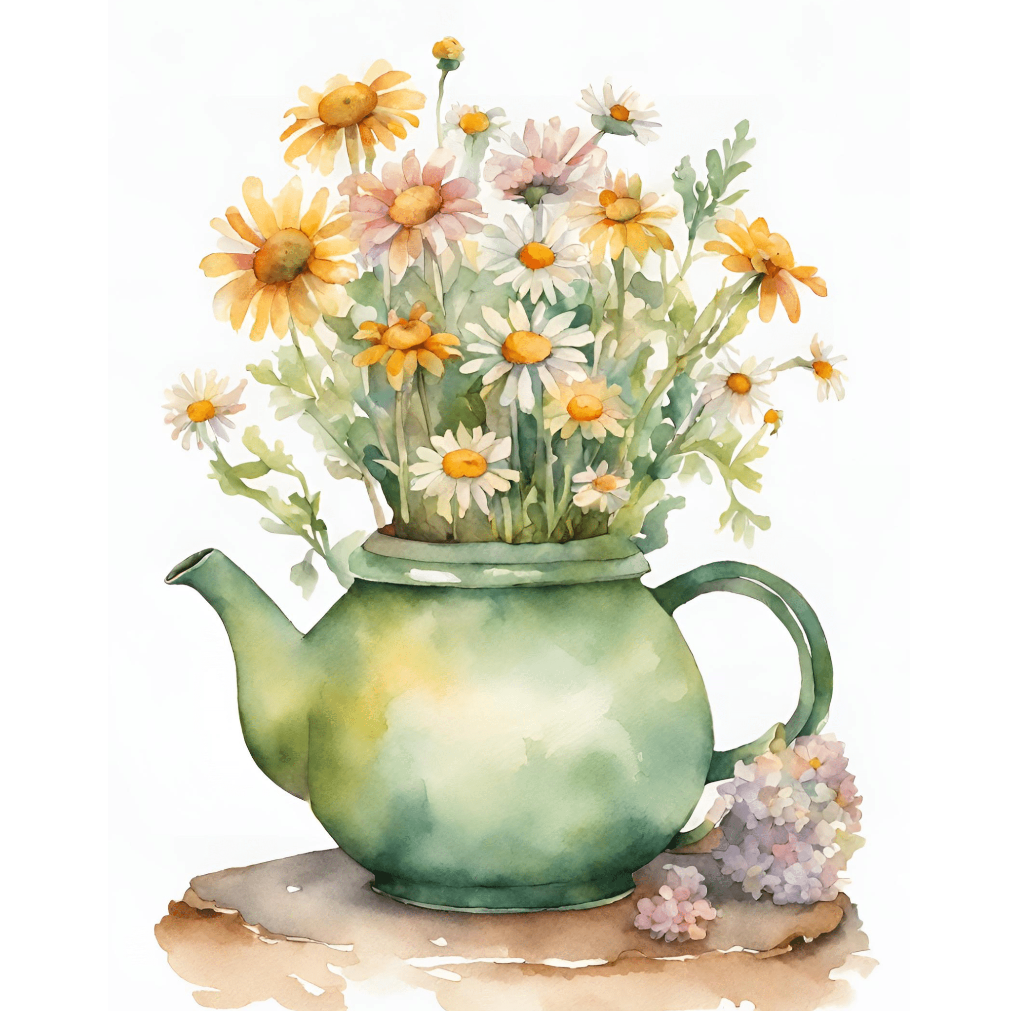 GREEN TEAPOT WITH DAISIES & LILAC ART PRINT - PLUME & WILLOW