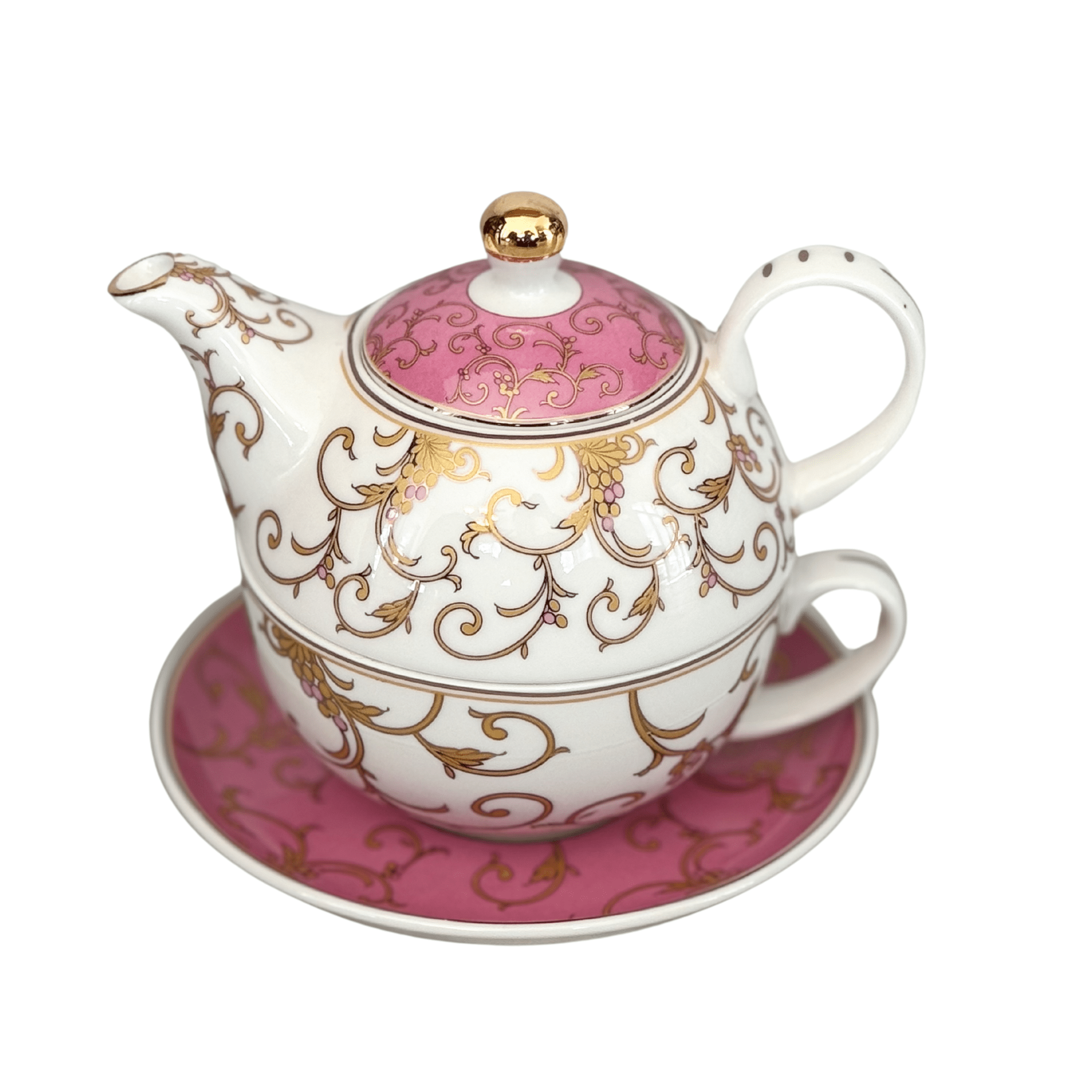 PINK & GOLD SCROLL TEA SET FOR ONE - FINE PORCELAIN - PLUME & WILLOW