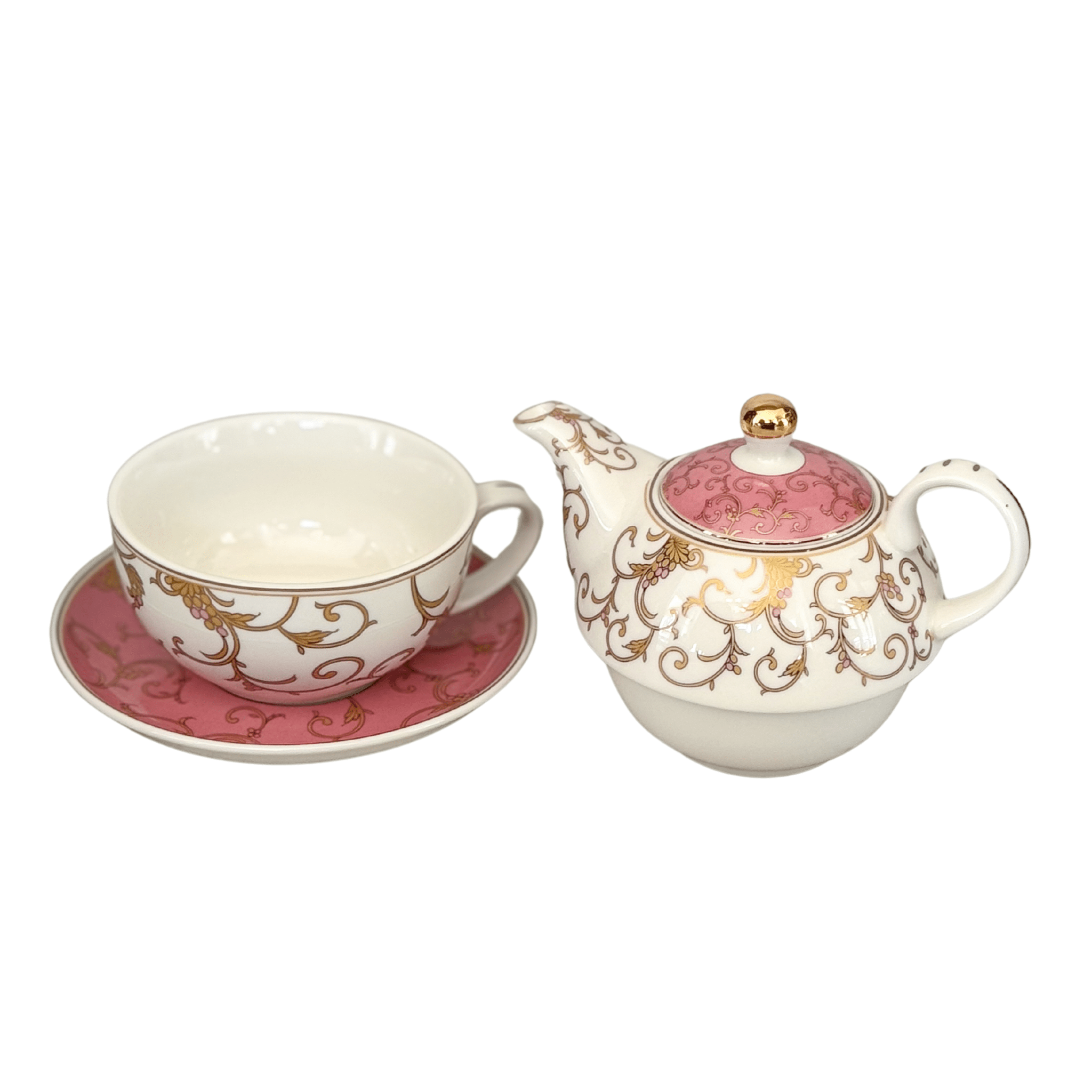 PINK & GOLD SCROLL TEA SET FOR ONE - FINE PORCELAIN - PLUME & WILLOW